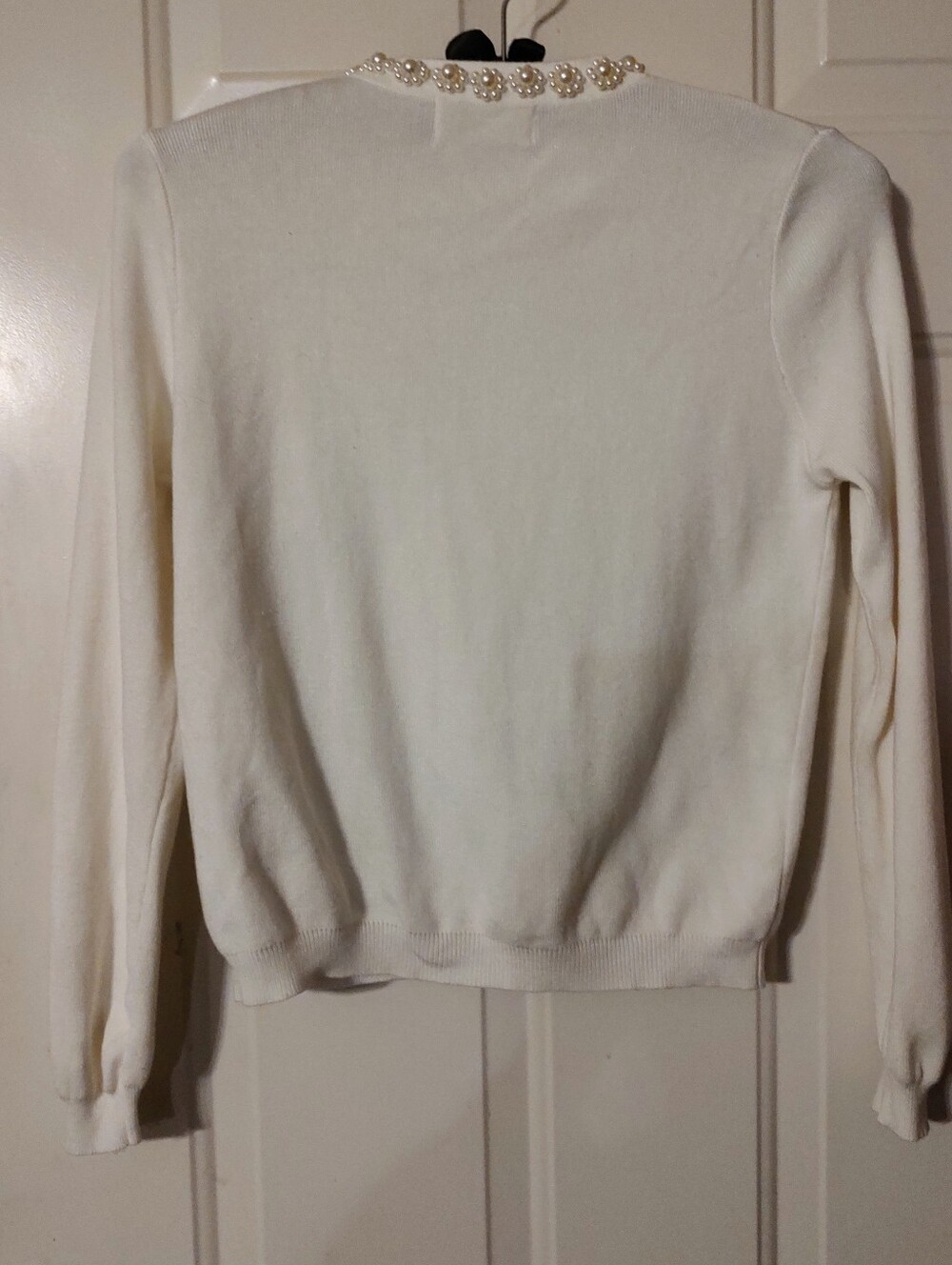 🎀🌹🎀 Dazzling Elaborate Faux Pearl Chantilly Cream Ivory Sweater Cardigan - M - Picture 12 of 16
